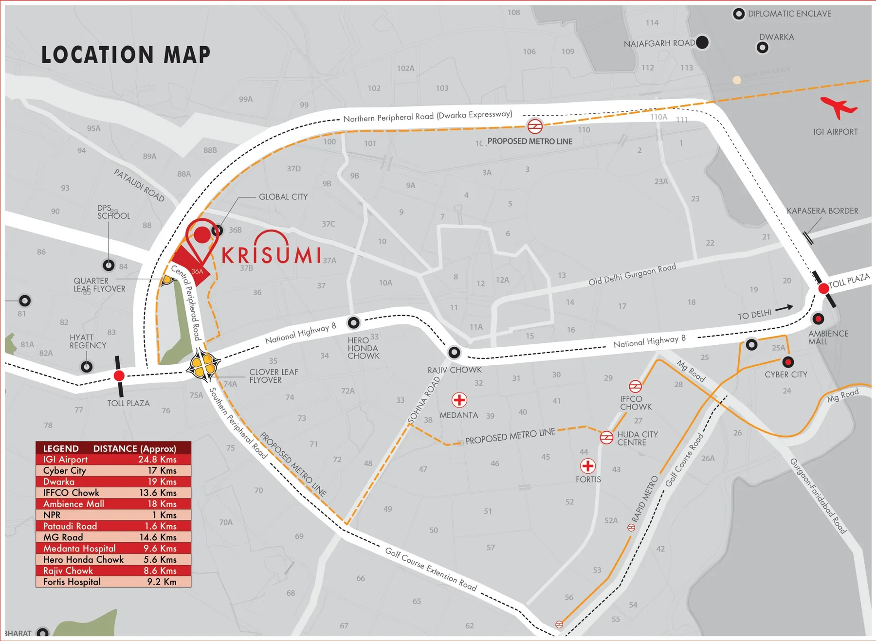 Location map of Krisumi City, Sector 36A, Gurugram