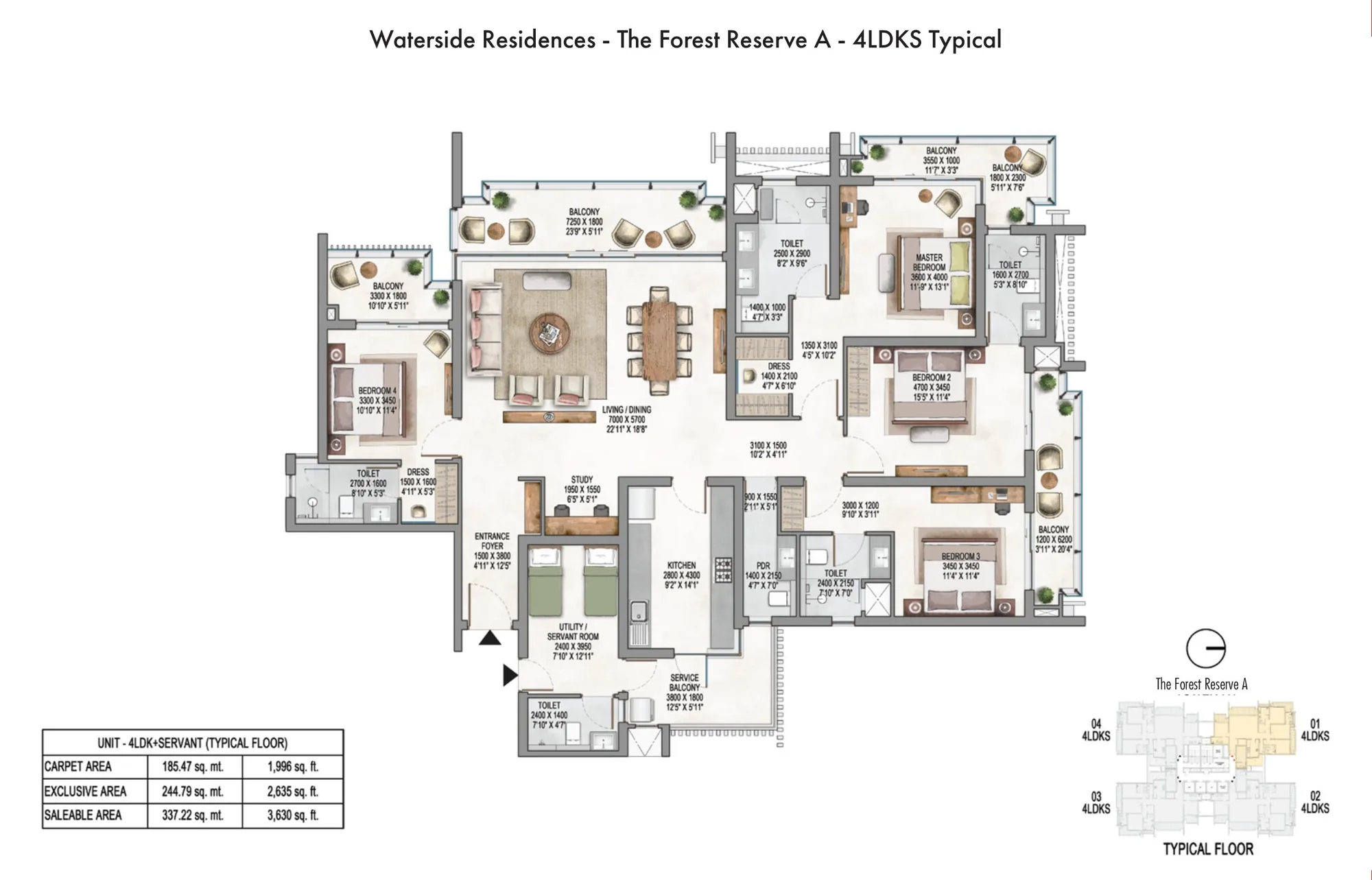 Floor plan, 4 BHK + Servant, 3,630 sq ft, The Forest Reserve A