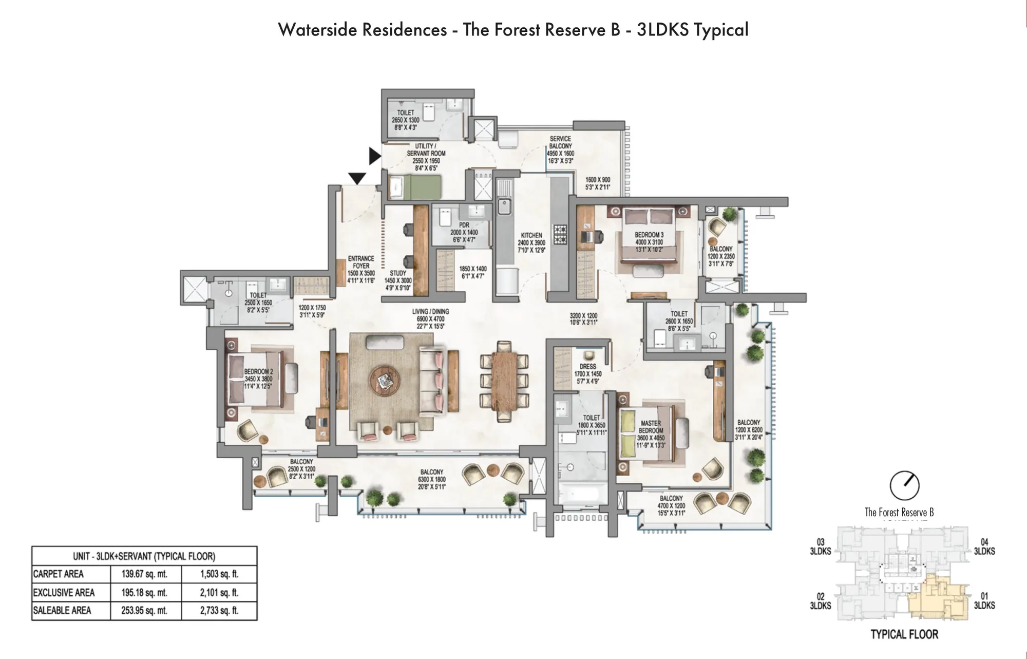 Floor plan, 3 BHK + Servant, 2,733 sq ft, The Forest Reserve B