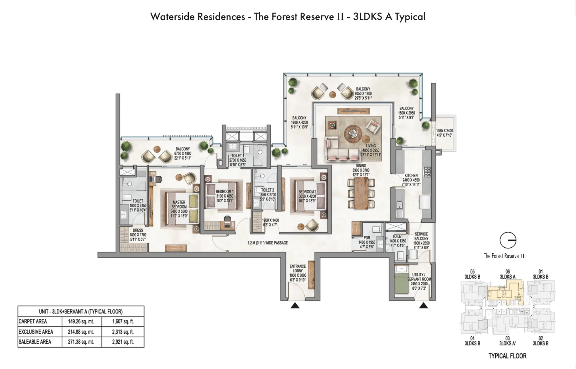 Floor plan, 3 BHK + Servant, 2,921 sq ft, The Forest Reserve II