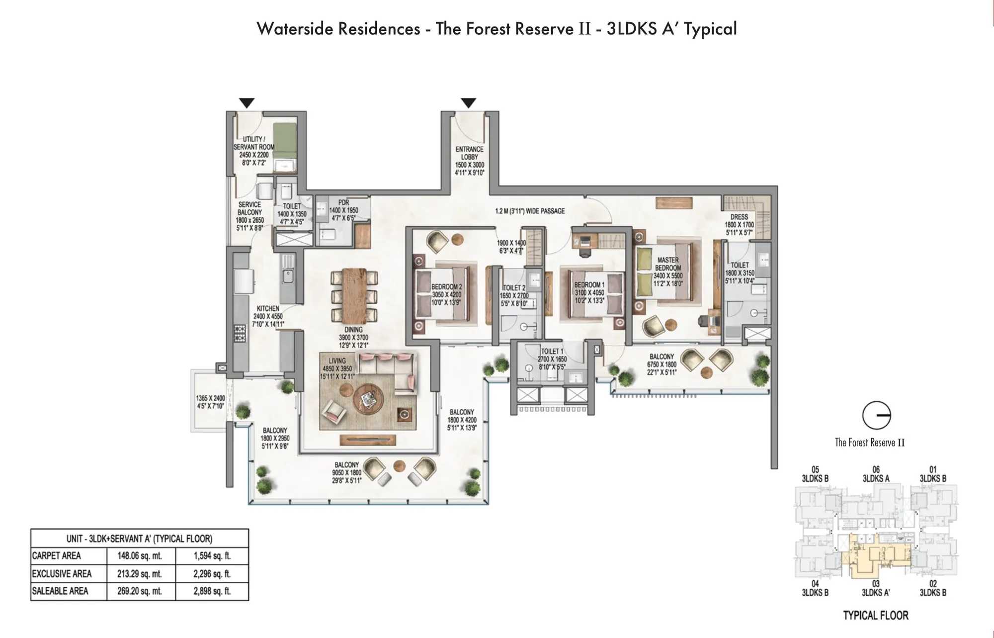 Floor plan, 3 BHK + Servant, 2,898 sq ft, The Forest Reserve II