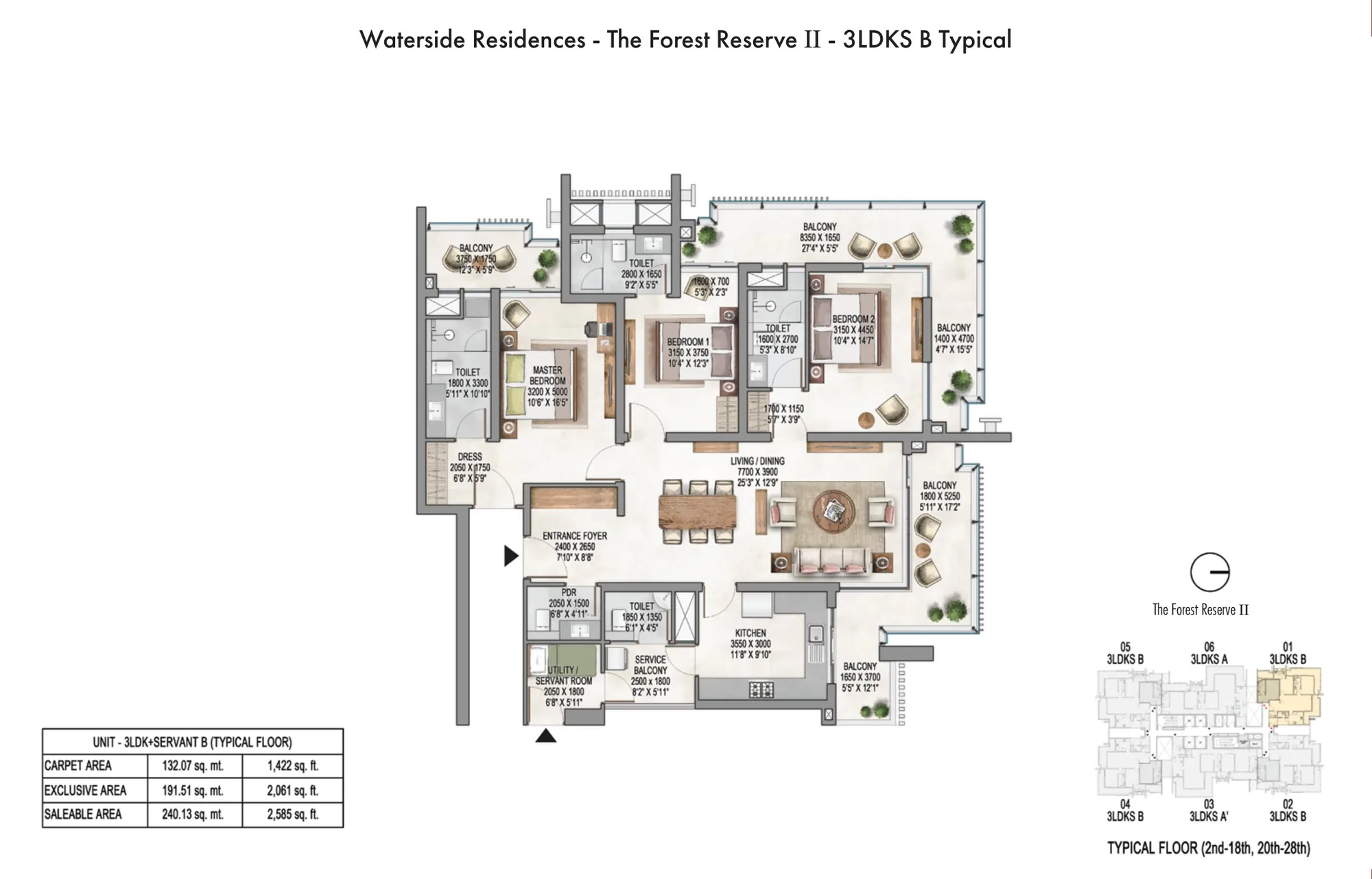 Floor plan, 3 BHK + Servant, 2,585 sq ft, The Forest Reserve II