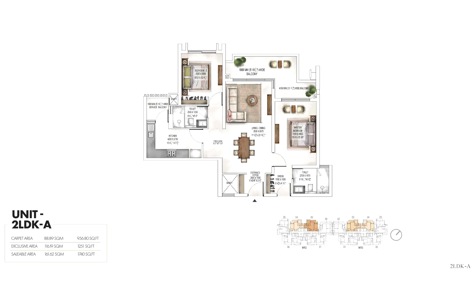 Floor plan, 2 BHK, 1,740 sq ft, Waterside Residences