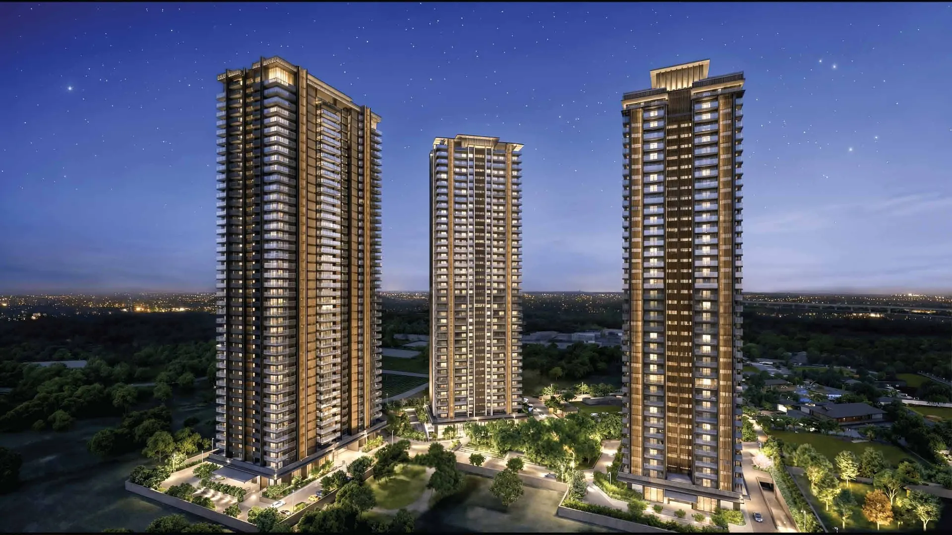The three towers of The Forest Reserve lit at dusk, artist's impression